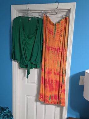 Green Knit Jacket & Orange Tie-Dye MaSkirt - See Description for Sizing